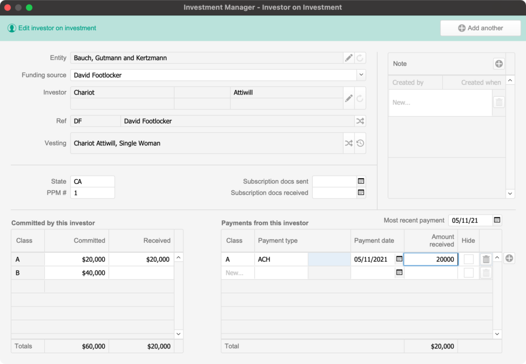 A screenshot of our custom FileMaker app that shows the details of an investment made by an investor, capturing funds committed and payments made.