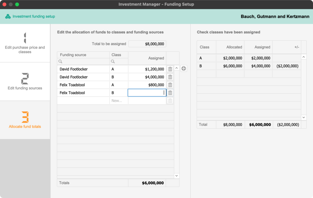 A screenshot of our custom FileMaker app that shows a part of the funding setup, where funds are allocated to the classes and funding sources.