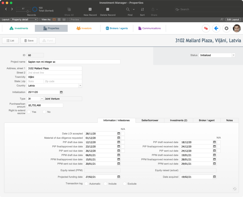 A screenshot of our custom FileMaker app that shows the details of a property with important investment milestones.