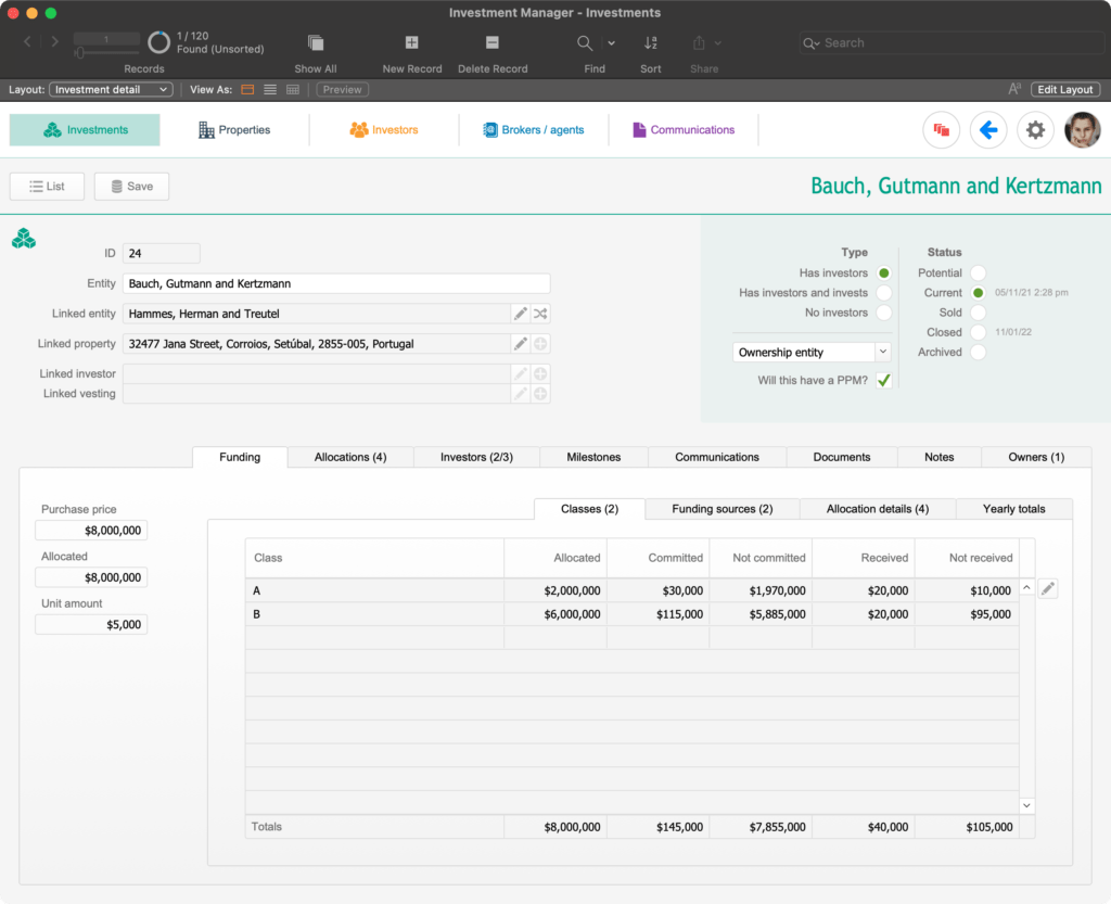 A screenshot of our custom FileMaker app that shows a list of the classes of share in an investment.