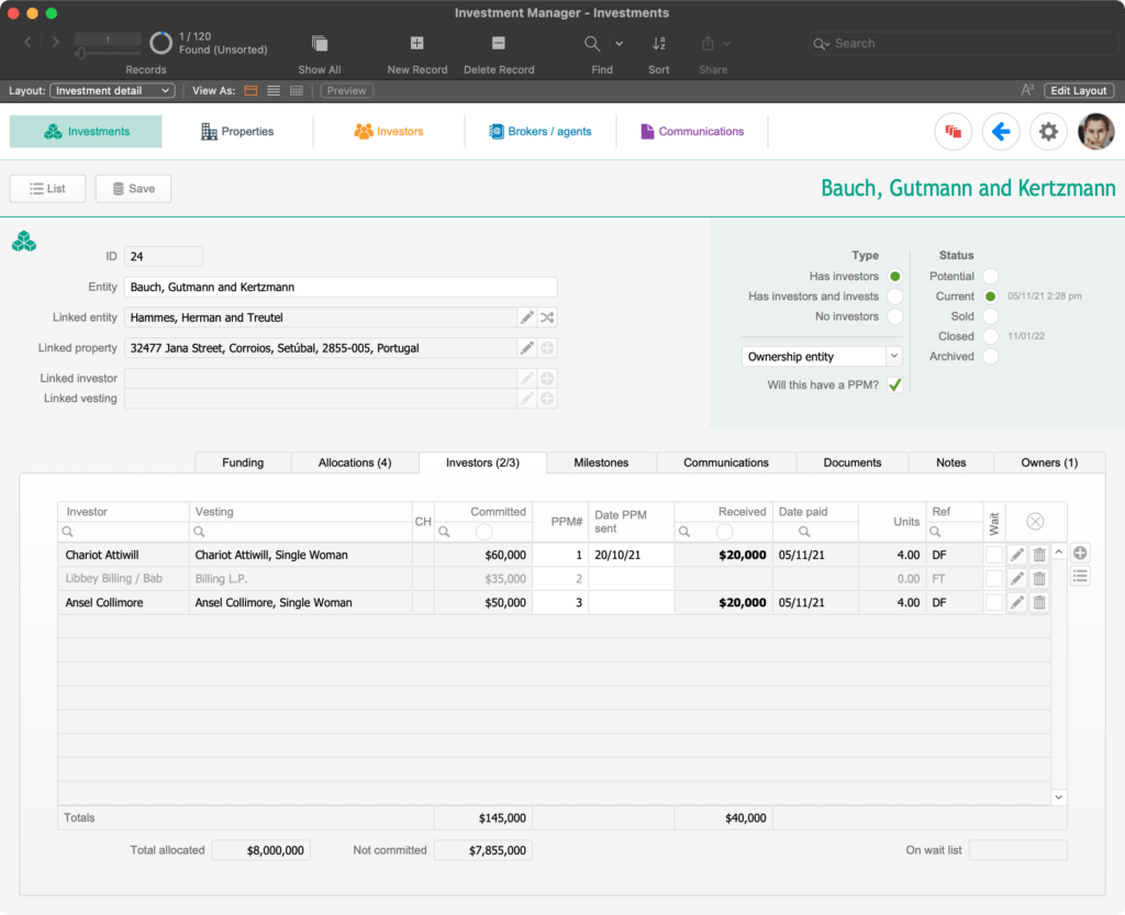 A screenshot of our custom FileMaker app that shows a list of the investors in a specific investment.