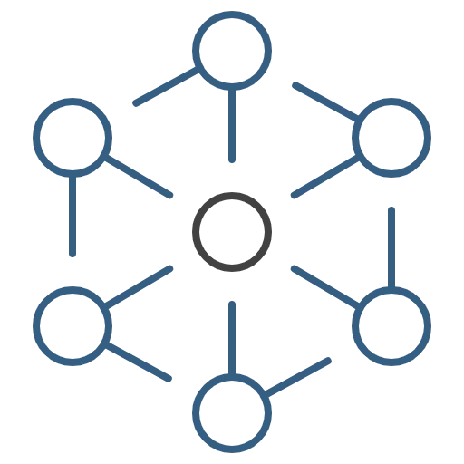 An icon containing six small circles arranged in a circle around another small circle in the centre, all joined by lines. The icon is being used to represent the FileMaker Data API (or Application Programming Interface).