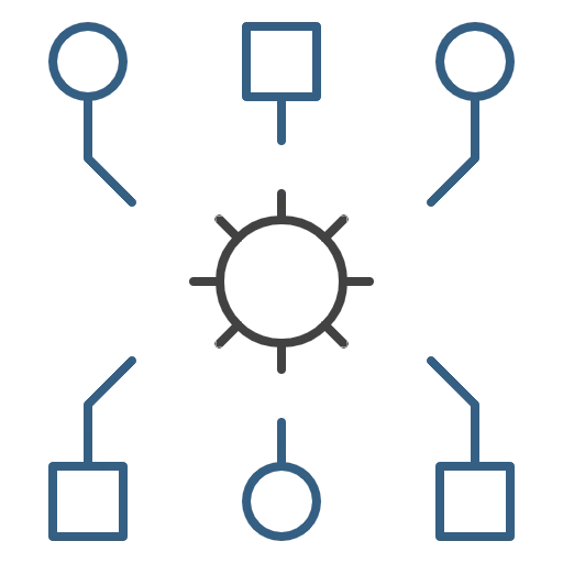 An icon containing in the centre a circle from which emerge short lines at eight equidistant points on the circumference; in the top half, two smaller circles and a similarly-sized square, arranged in a row, and from which emerge lines that move towards, but do not reach, the circle in the centre; and in the bottom half, a similar arrangement of two squares and a circle from which emerge lines that move towards, but do not reach, the circle in the centre. The icon is being used to represent OData (or Open Data Protocol).