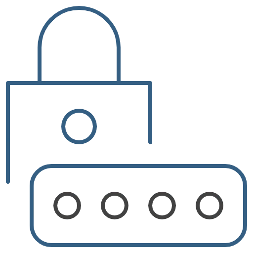 An icon consisting of an outline of a padlock drawn as if it is in the background, whilst in the foreground is an outline of a password field with the letters of the password obscured by circles. The icon is being used to represent the word 'Security'.