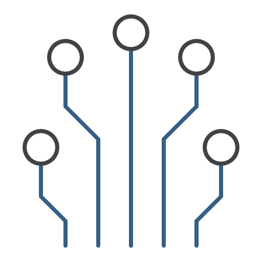 An icon consisting of five equal-sized circles arranged in a shape that resembles a half-circle that has been squeezed; every circle has a line emerging from the lowest point and moving vertically downwards to the bottom edge of the icon. The icon is being used to represent SQL (or Structured Query Language).