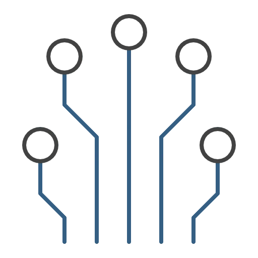 An icon consisting of five equal-sized circles arranged in a shape that resembles a half-circle that has been squeezed; every circle has a line emerging from the lowest point and moving vertically downwards to the bottom edge of the icon. The icon is being used to represent SQL (or Structured Query Language).