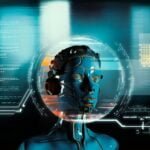 Una imagen compuesta que representa una cabeza de robot en primer plano y en el fondo, sombreada en azul, una corriente de letras computarizadas